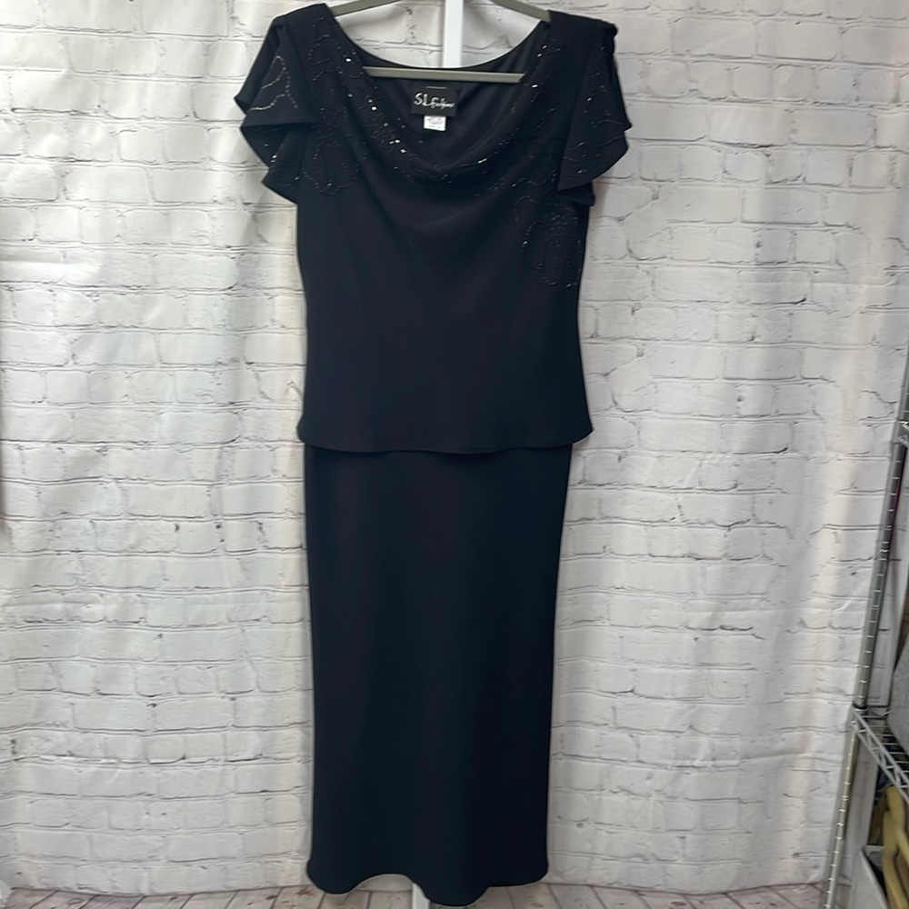 S.L. Fashions beaded drape neck flutter sleeves formal maxi size 12 dress